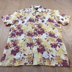 Club Room Mens Linen Floral Button Up Shirt Large Short Sleeve Casual